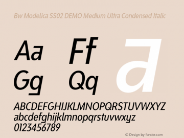 Bw Modelica SS02 DEMO Medium Ultra Condensed Italic Version 2.000;PS 002.000;hotconv 1.0.88;makeotf.lib2.5.64775 Font Sample