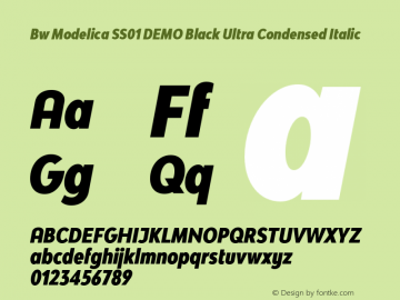 Bw Modelica SS01 DEMO Black Ultra Condensed Italic Version 2.000;PS 002.000;hotconv 1.0.88;makeotf.lib2.5.64775 Font Sample