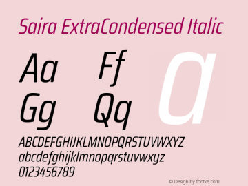 Saira ExtraCondensed Italic Version 0.072;hotconv 1.0.109;makeotfexe 2.5.65596 Font Sample