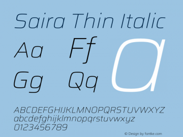 Saira Thin Italic Version 0.072;hotconv 1.0.109;makeotfexe 2.5.65596图片样张