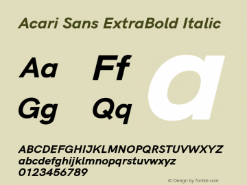 Acari Sans ExtraBold Italic Version 1.045;February 28, 2021;FontCreator 13.0.0.2655 64-bit; ttfautohint (v1.8.3) Font Sample