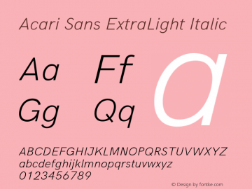 Acari Sans ExtraLight Italic Version 1.045;February 28, 2021;FontCreator 13.0.0.2655 64-bit; ttfautohint (v1.8.3) Font Sample