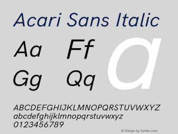 Acari Sans Italic Version 1.045;February 28, 2021;FontCreator 13.0.0.2655 64-bit; ttfautohint (v1.8.3) Font Sample