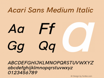 Acari Sans Medium Italic Version 1.045;February 28, 2021;FontCreator 13.0.0.2655 64-bit; ttfautohint (v1.8.3) Font Sample