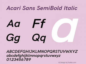 Acari Sans SemiBold Italic Version 1.045;February 28, 2021;FontCreator 13.0.0.2655 64-bit; ttfautohint (v1.8.3) Font Sample