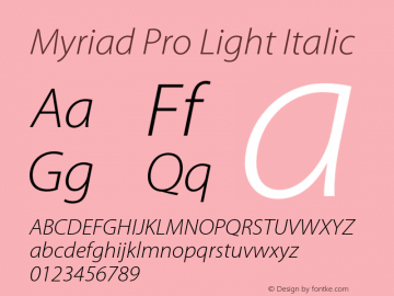 Myriad Pro Light Italic Version 2.037;PS 2.000;hotconv 1.0.51;makeotf.lib2.0.18671 Font Sample