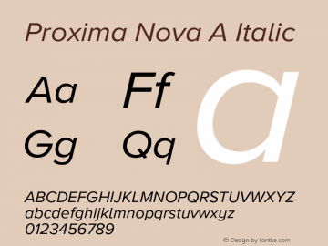 Proxima Nova A It Version 3.018;PS 003.018;hotconv 1.0.88;makeotf.lib2.5.64775 Font Sample