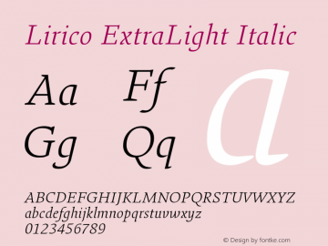 Lirico-ExtraLightItalic Version 3.001 Font Sample