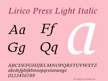 LiricoPress-LightItalic Version 3.001 Font Sample