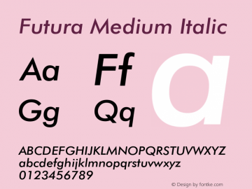 FuturaBT-MediumItalic 003.001; ttfautohint (v0.97) -l 8 -r 50 -G 200 -x 14 -f dflt -w G Font Sample