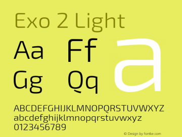 Exo 2 Light Regular Version 1.001;PS 001.001;hotconv 1.0.70;makeotf.lib2.5.58329; ttfautohint (v0.92) -l 8 -r 50 -G 200 -x 14 -w 