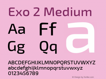 Exo 2 Medium Regular Version 1.001;PS 001.001;hotconv 1.0.70;makeotf.lib2.5.58329; ttfautohint (v0.92) -l 8 -r 50 -G 200 -x 14 -w 