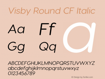 Visby Round CF Regular Oblique Version 2.100;hotconv 1.0.109;makeotfexe 2.5.65596 Font Sample