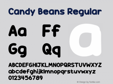 Candy Beans Version 1.00;November 26, 2018;FontCreator 11.5.0.2422 64-bit; ttfautohint (v0.97) -l 8 -r 50 -G 200 -x 14 -f dflt -w G Font Sample