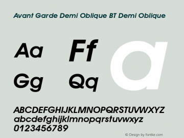 Avant Garde Demi Oblique BT Demi Oblique mfgpctt-v4.4 Dec 14 1998 Font Sample