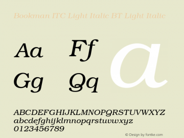 Bookman ITC Light Italic BT Light Italic mfgpctt-v1.52 Tuesday, January 12, 1993 2:52:39 pm (EST)图片样张