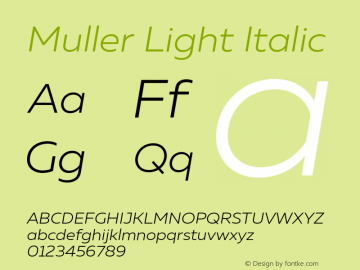 Muller Light Italic Version 1.000;PS 001.000;hotconv 1.0.88;makeotf.lib2.5.64775图片样张