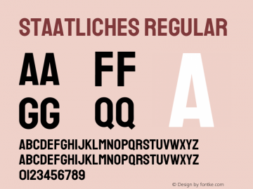 Staatliches Regular Version 1.000; ttfautohint (v1.8.2) -l 8 -r 50 -G 200 -x 14 -D latn -f none -a qsq -X 