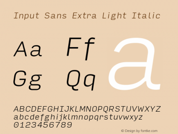 InputSans ExLightIta Version 0.000;PS 0.0;hotconv 1.0.72;makeotf.lib2.5.5900; ttfautohint (v0.9)图片样张