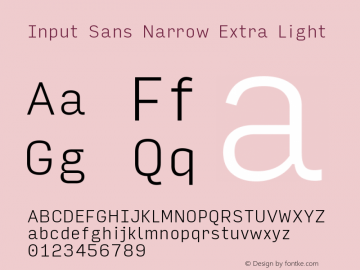 InputSansNarrow ExLight Version 0.000;PS 0.0;hotconv 1.0.72;makeotf.lib2.5.5900; ttfautohint (v0.9)图片样张