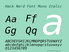 Hack Italic Nerd Font Complete Mono Version 3.003; ttfautohint (v1.7) -l 6 -r 50 -G 200 -x 10 -H 145 -D latn -f latn -m 