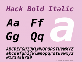 Hack Bold Italic Version 3.003; ttfautohint (v1.7) -l 6 -r 50 -G 200 -x 10 -H 265 -D latn -f latn -m 