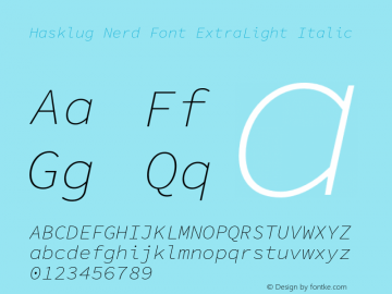 Hasklug ExtraLight Italic Nerd Font Complete Version 1.052;hotconv 1.0.117;makeotfexe 2.5.65602图片样张