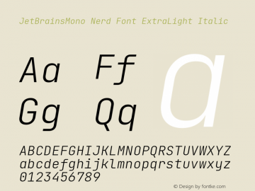 JetBrains Mono ExtraLight Italic Nerd Font Complete Version 2.225; ttfautohint (v1.8.3)图片样张