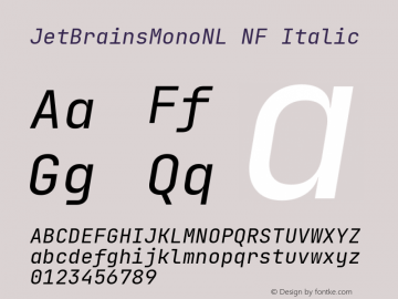 JetBrains Mono NL Italic Nerd Font Complete Mono Windows Compatible Version 2.225; ttfautohint (v1.8.3)图片样张