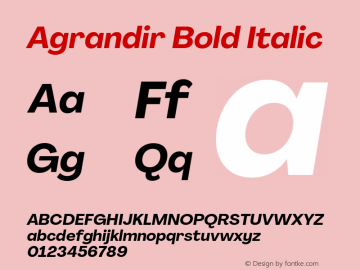 Agrandir Bold Italic Version 3.000;hotconv 1.0.109;makeotfexe 2.5.65596图片样张