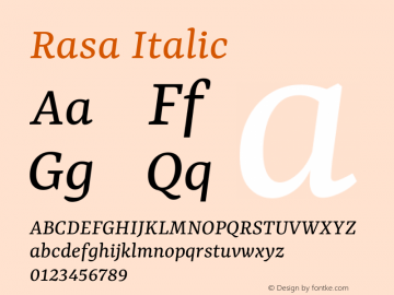 Rasa Italic Version 2.001; ttfautohint (v1.8.3)图片样张