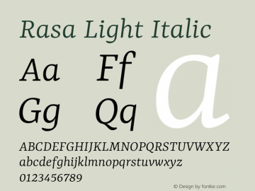 Rasa Light Italic Version 2.001; ttfautohint (v1.8.3)图片样张