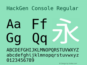 HackGen Console Regular Version 2.3.4 ; ttfautohint (v1.8.1) -l 6 -r 45 -G 200 -x 14 -D latn -f none -m 