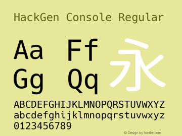 HackGen Console Regular Version 2.3.5 ; ttfautohint (v1.8.1) -l 6 -r 45 -G 200 -x 14 -D latn -f none -m 