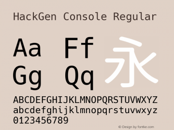 HackGen Console Regular Version 2.4.0 ; ttfautohint (v1.8.3) -l 6 -r 45 -G 200 -x 14 -D latn -f none -m 