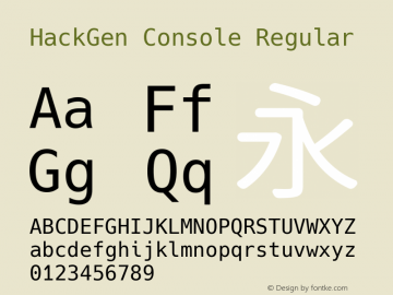 HackGen Console Regular Version 2.5.1 ; ttfautohint (v1.8.3) -l 6 -r 45 -G 200 -x 14 -D latn -f none -m 