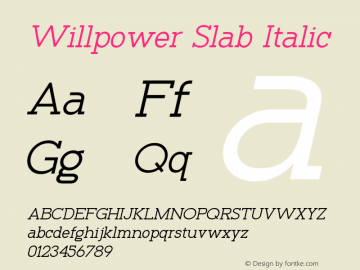 Willpower Slab Italic Version 1.00;July 26, 2021;FontCreator 11.5.0.2427 32-bit图片样张