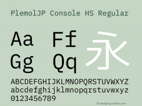 PlemolJP Console HS Regular Version 0.0.5 ; ttfautohint (v1.8.3) -l 6 -r 45 -G 200 -x 14 -D latn -f none -a nnn -W -X 