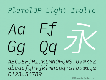 PlemolJP Light Italic Version 0.1.0 ; ttfautohint (v1.8.3) -l 6 -r 45 -G 200 -x 14 -D latn -f none -a nnn -W -X 