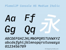 PlemolJP Console HS Medium Italic Version 0.1.0 ; ttfautohint (v1.8.3) -l 6 -r 45 -G 200 -x 14 -D latn -f none -a nnn -W -X 