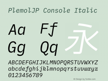 PlemolJP Console Italic Version 0.1.1 ; ttfautohint (v1.8.3) -l 6 -r 45 -G 200 -x 14 -D latn -f none -a nnn -W -X 