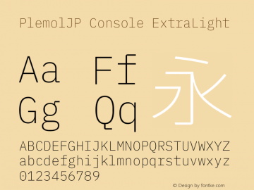 PlemolJP Console ExtraLight Version 0.2.1 ; ttfautohint (v1.8.3) -l 6 -r 45 -G 200 -x 14 -D latn -f none -a nnn -W -X 