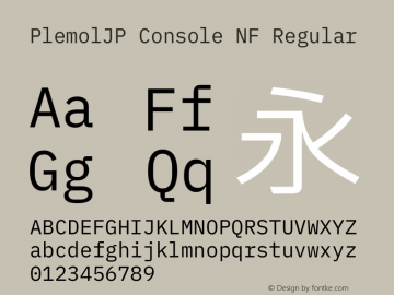 PlemolJP Console NF Regular Version 0.3.0 ; ttfautohint (v1.8.3) -l 6 -r 45 -G 200 -x 14 -D latn -f none -a nnn -W -X 