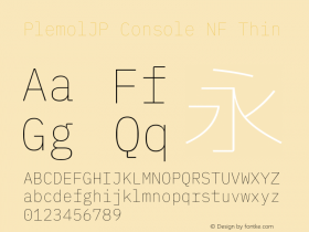 PlemolJP Console NF Thin Version 0.3.0 ; ttfautohint (v1.8.3) -l 6 -r 45 -G 200 -x 14 -D latn -f none -a nnn -W -X 