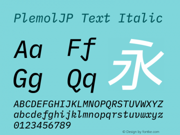 PlemolJP Text Italic Version 0.4.0 ; ttfautohint (v1.8.3) -l 6 -r 45 -G 200 -x 14 -D latn -f none -a nnn -W -X 