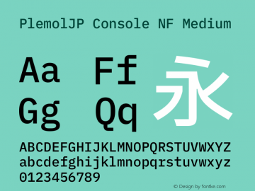 PlemolJP Console NF Medium Version 0.4.0 ; ttfautohint (v1.8.3) -l 6 -r 45 -G 200 -x 14 -D latn -f none -a nnn -W -X 