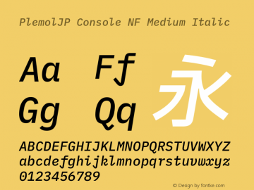 PlemolJP Console NF Medium Italic Version 0.5.1 ; ttfautohint (v1.8.3) -l 6 -r 45 -G 200 -x 14 -D latn -f none -a nnn -W -X 