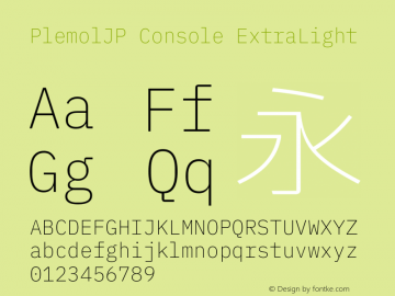 PlemolJP Console ExtraLight Version 1.0.0 ; ttfautohint (v1.8.3) -l 6 -r 45 -G 200 -x 14 -D latn -f none -a nnn -W -X 
