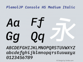 PlemolJP Console HS Medium Italic Version 1.0.0 ; ttfautohint (v1.8.3) -l 6 -r 45 -G 200 -x 14 -D latn -f none -a nnn -W -X 