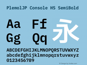 PlemolJP Console HS SemiBold Version 1.0.0 ; ttfautohint (v1.8.3) -l 6 -r 45 -G 200 -x 14 -D latn -f none -a nnn -W -X 